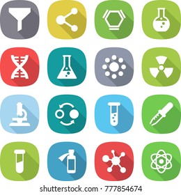 flat vector icon set - funnel vector, molecule, hex, round flask, dna, around, nuclear, microscope, quantum bond, vial, pipette, test, potion bottle, virus, atom