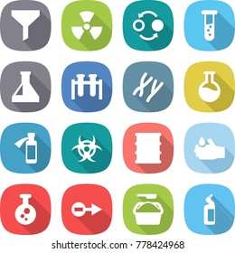 flat vector icon set - funnel vector, nuclear, quantum bond, vial, flask, test, chromosomes, potion bottle, biohazard, barrel, acid, chemical, electron, washing powder, toilet cleanser