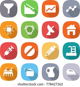 flat vector icon set - funnel vector, crisis, statistics, graph, chip, hex molecule, satellite antenna, home, syringe, pill, pencil, pool, factory, steam pan, jug, iron