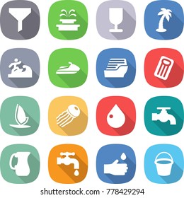 flat vector icon set - funnel vector, fountain, fragile, palm, surfer, jet ski, cruise ship, inflatable mattress, windsurfing, jellyfish, drop, water tap, jug, hand, bucket