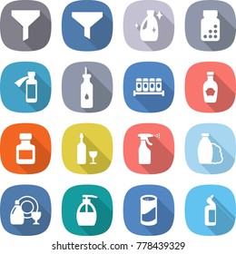 flat vector icon set - funnel vector, cleanser, pills bottle, potion, vegetable oil, spices, ketchup, wine, sprayer, shampoo, dish, liquid soap, powder, toilet