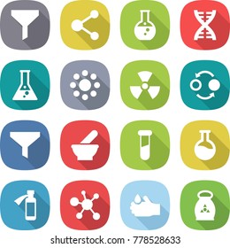 flat vector icon set - funnel vector, molecule, round flask, dna, around, nuclear, quantum bond, mortar, test vial, potion bottle, virus, acid, fertilizer