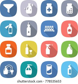 flat vector icon set - funnel vector, cleanser, pills bottle, potion, vegetable oil, spices, ketchup, wine, sprayer, dish, liquid soap, powder, toilet