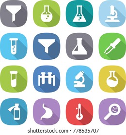 flat vector icon set - funnel vector, round flask, microscope, vial, pipette, test, potion bottle, stomach, thermometer, viruses