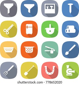 flat vector icon set - funnel vector, tools, nail, surgical clamp, fridge, ladle, pipes, colander, garlic clasp, big spoon, fork, shovel, horseshoe, water pump