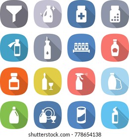flat vector icon set - funnel vector, cleanser, pills bottle, potion, vegetable oil, spices, ketchup, wine, sprayer, shampoo, dish, powder, toilet