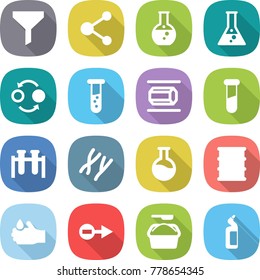 flat vector icon set - funnel vector, molecule, round flask, quantum bond, vial, nano tube, test, chromosomes, barrel, acid, electron, washing powder, toilet cleanser
