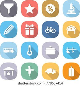 flat vector icon set - funnel vector, star, percent, microscope, pencil, gift, bike, barn, bus, thermometer, pan, plow, warehouse, scarecrow, trash truck, dry wash