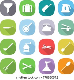 flat vector icon set - funnel vector, suitcase, kettle, pan, garlic clasp, ladle, hand mill, scissors, shovel, fork, pruner, plunger, duster