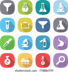 flat vector icon set - funnel vector, round flask, microscope, vial, electrostatic, pipette, potion bottle, stomach, chemical, lunar rover, thermometer, viruses