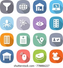 flat vector icon set - funnel vector, globe, warehouse, notebook, virus, bang, eye, pills blister, recipe, route, check in, garage, wireless mouse, steake, handle washing