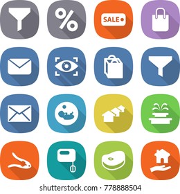 flat vector icon set - funnel vector, percent, sale, shopping bag, mail, eye identity, pregnancy, houses, fountain, walnut crack, mixer, steake, housing