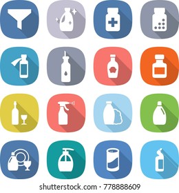 flat vector icon set - funnel vector, cleanser, pills bottle, potion, vegetable oil, ketchup, wine, sprayer, shampoo, dish, liquid soap, powder, toilet