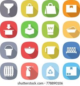 flat vector icon set - funnel vector, shopping bag, package box, uv cream, washing, bucket, cauldron, measuring cup, spices, barrel, sprayer, garbage