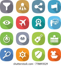 flat vector icon set - funnel vector, share, flag, eye, plane, medal, presentation, rocket, crypto currency, medical label, university, tennis, handwheel, shield, handle washing