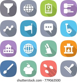flat vector icon set - funnel vector, globe, report, diagram, graph, flag, message, gyroscooter, cottage, stands for knives, fireplace, big spoon, cupcake, seeds, scraper