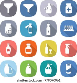 flat vector icon set - funnel vector, cleanser, pills bottle, potion, vegetable oil, spices, ketchup, wine, sprayer, shampoo, liquid soap, powder