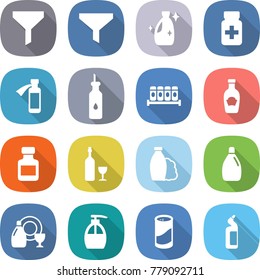 flat vector icon set - funnel vector, cleanser, pills bottle, potion, vegetable oil, spices, ketchup, wine, shampoo, dish, liquid soap, powder, toilet