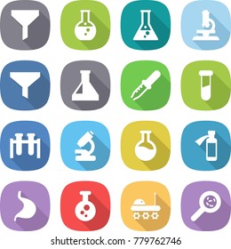 flat vector icon set - funnel vector, round flask, microscope, pipette, test vial, potion bottle, stomach, chemical, lunar rover, viruses