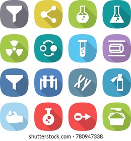 flat vector icon set - funnel vector, molecule, round flask, nuclear, quantum bond, vial, nano tube, test, chromosomes, potion bottle, acid, chemical, electron, washing powder