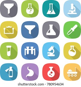 flat vector icon set - funnel vector, round flask, microscope, electrostatic, pipette, test vial, potion bottle, stomach, chemical, lunar rover