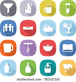 flat vector icon set - funnel vector, cleanser, hot drink, test vial, level, acid, cocktail, cup, corkscrew, cauldron, sponge, shampoo, liquid soap, spot