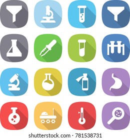 flat vector icon set - funnel vector, microscope, vial, flask, pipette, test, potion bottle, stomach, chemical, lunar rover, thermometer, viruses