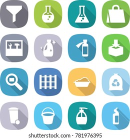flat vector icon set - funnel vector, round flask, shopping bag, tools, cleanser, potion bottle, package, cargo search, pallet, washing, garbage, trash bin, bucket, liquid soap, toilet
