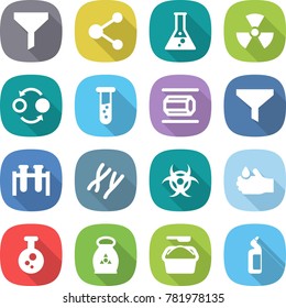 flat vector icon set - funnel vector, molecule, flask, nuclear, quantum bond, vial, nano tube, test, chromosomes, biohazard, acid, chemical, fertilizer, washing powder, toilet cleanser