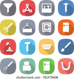 flat vector icon set - funnel vector, spinner, tools, nail, surgical clamp, loading crane, safe, fridge, press, hammer, colander, big spoon, fork, toaster, horseshoe
