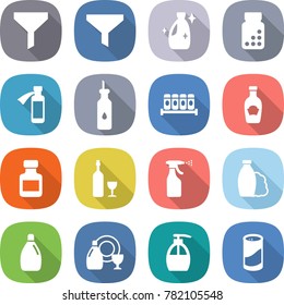 flat vector icon set - funnel vector, cleanser, pills bottle, potion, vegetable oil, spices, ketchup, wine, sprayer, shampoo, dish, liquid soap, powder