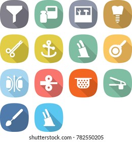 flat vector icon set - funnel vector, scales weight, tools, tooth implant, surgical clamp, anchor, stands for knives, pan, magnetic field, metal rolling, colander, garlic clasp, big spoon