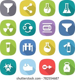 flat vector icon set - funnel vector, molecule, round flask, nuclear, quantum bond, nano tube, test vial, potion bottle, biohazard, acid, electron, fertilizer