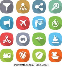 flat vector icon set - funnel vector, share, dollar magnifier, flag, plane, presentation, rocket, spinner, crypto currency, ambulance sign, flammable, train, shield, handle washing