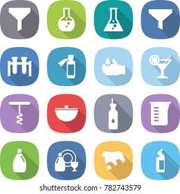 flat vector icon set - funnel vector, round flask, test vial, potion bottle, acid, cocktail, corkscrew, cauldron, vegetable oil, measuring cup, cleanser, dish, spot, toilet