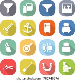 flat vector icon set - funnel vector, scales weight, tools, surgical clamp, anchor, fridge, toaster, stands for knives, pan, magnetic field, scissors, shovel, horseshoe, water pump