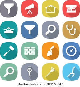 flat vector icon set - funnel vector, telescope, electrostatic, market scales, magnifier, stethoscope, doctors hammer, brick wall, construction, barometer, handle, rake, scoop