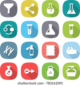 flat vector icon set - funnel vector, molecule, round flask, quantum bond, vial, test, chromosomes, potion bottle, barrel, acid, chemical, electron, fertilizer, washing powder