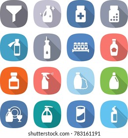 flat vector icon set - funnel vector, cleanser, pills bottle, potion, vegetable oil, spices, ketchup, sprayer, shampoo, dish, liquid soap, powder, toilet