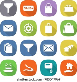 flat vector icon set - funnel vector, sale, shopping bag, mail, around gear, houses, fountain, walnut crack, mixer, housing
