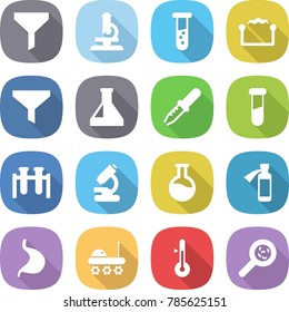 flat vector icon set - funnel vector, microscope, vial, electrostatic, flask, pipette, test, potion bottle, stomach, lunar rover, thermometer, viruses
