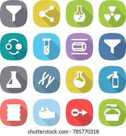 flat vector icon set - funnel vector, molecule, round flask, nuclear, quantum bond, vial, nano tube, chromosomes, potion bottle, barrel, acid, electron, washing powder