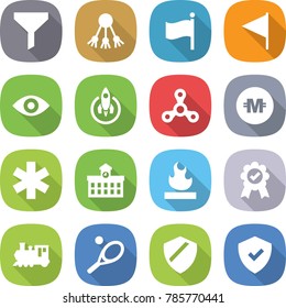 flat vector icon set - funnel vector, share, flag, eye, rocket, spinner, crypto currency, ambulance star, university, flammable, medal, train, tennis, shield