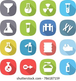 flat vector icon set - funnel vector, round flask, nuclear, vial, test, chromosomes, potion bottle, barrel, acid, chemical, electron, washing powder, toilet cleanser