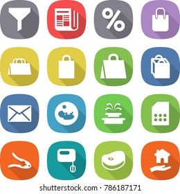 flat vector icon set - funnel vector, newspaper, percent, shopping bag, mail, pregnancy, fountain, sim card, walnut crack, mixer, steake, housing