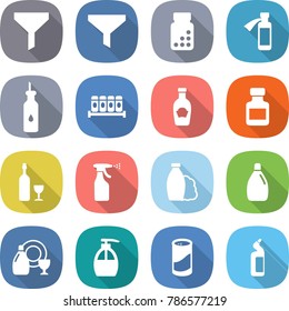 flat vector icon set - funnel vector, pills bottle, potion, vegetable oil, spices, ketchup, wine, sprayer, shampoo, cleanser, dish, liquid soap, powder, toilet