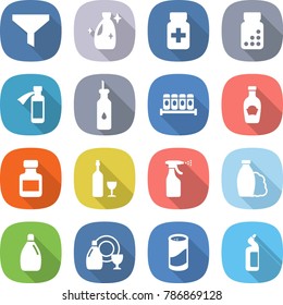 flat vector icon set - funnel vector, cleanser, pills bottle, potion, vegetable oil, spices, ketchup, wine, sprayer, shampoo, dish, powder, toilet