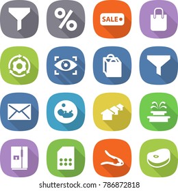 flat vector icon set - funnel vector, percent, sale, shopping bag, around gear, eye identity, mail, pregnancy, houses, fountain, fridge, sim card, walnut crack, steake