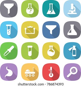 flat vector icon set - funnel vector, round flask, microscope, vial, electrostatic, pipette, test, potion bottle, stomach, lunar rover, thermometer, viruses