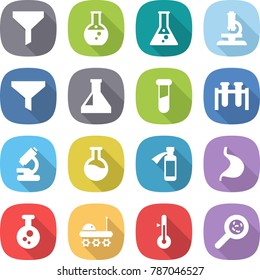flat vector icon set - funnel vector, round flask, microscope, test vial, potion bottle, stomach, chemical, lunar rover, thermometer, viruses